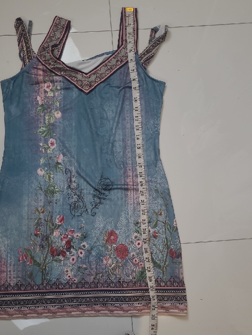 Boho Blue Floral Cold Shoulder V-Neck Summer Dress - Size MEDIUM - Picture 11 of 13